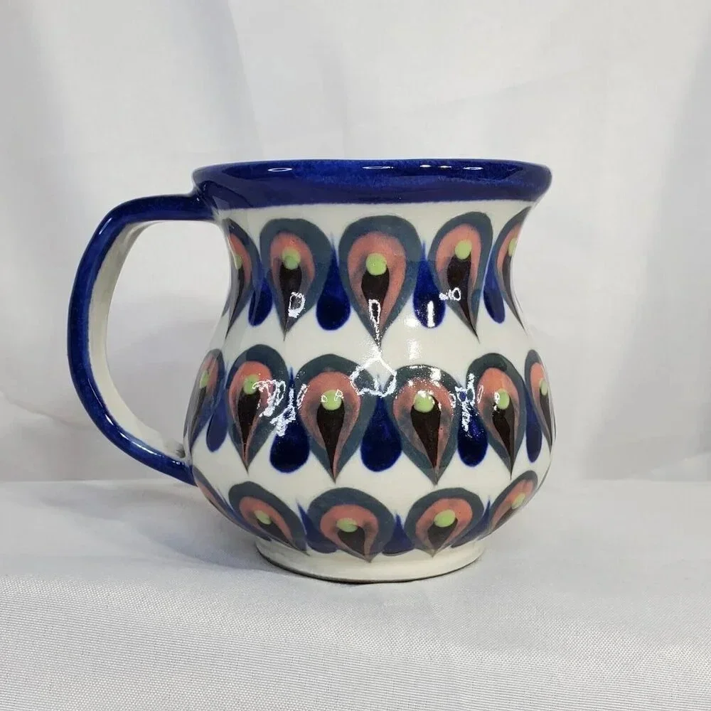 Ken Edwards Guate Mayan Pottery Coffee Tea Cup Mug Peacock Teardrop Pattern